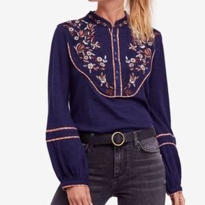 Free People Sundance Kid Navy Embroidered Women's Top